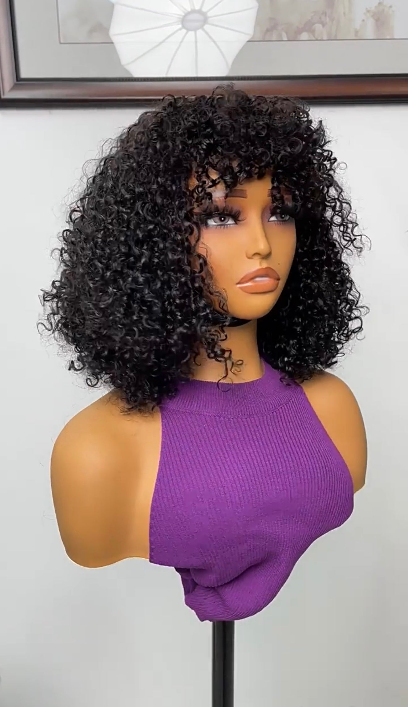 Afro Kinky Curly Wig With Bangs 16inch/250% Density, Non-Lace, Virgin Human Hair