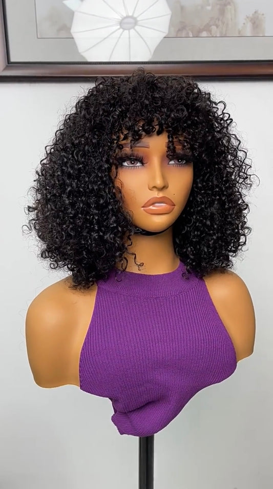 Afro Kinky Curly Wig With Bangs 16inch/250% Density, Non-Lace, Virgin Human Hair